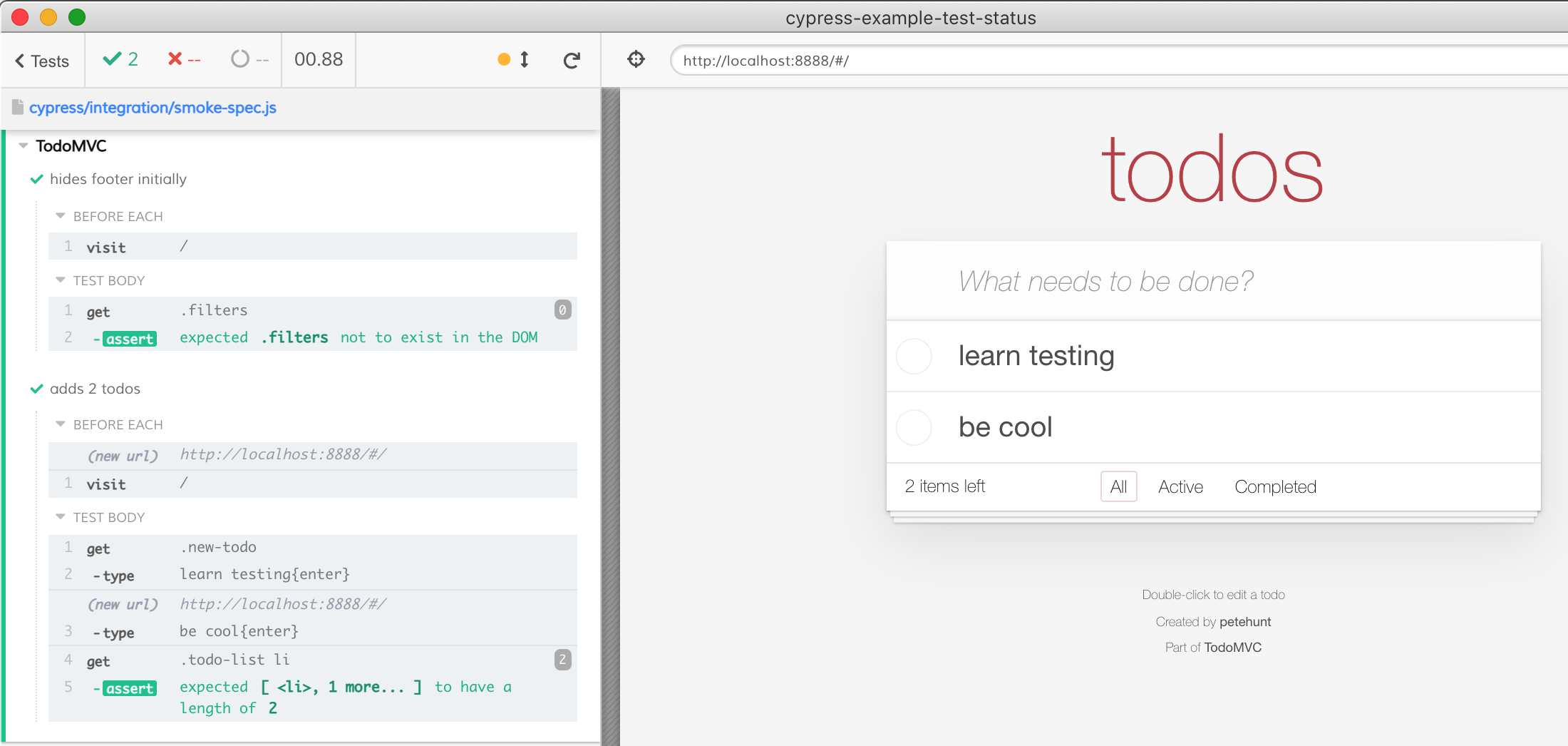 Test runner showing two passing tests